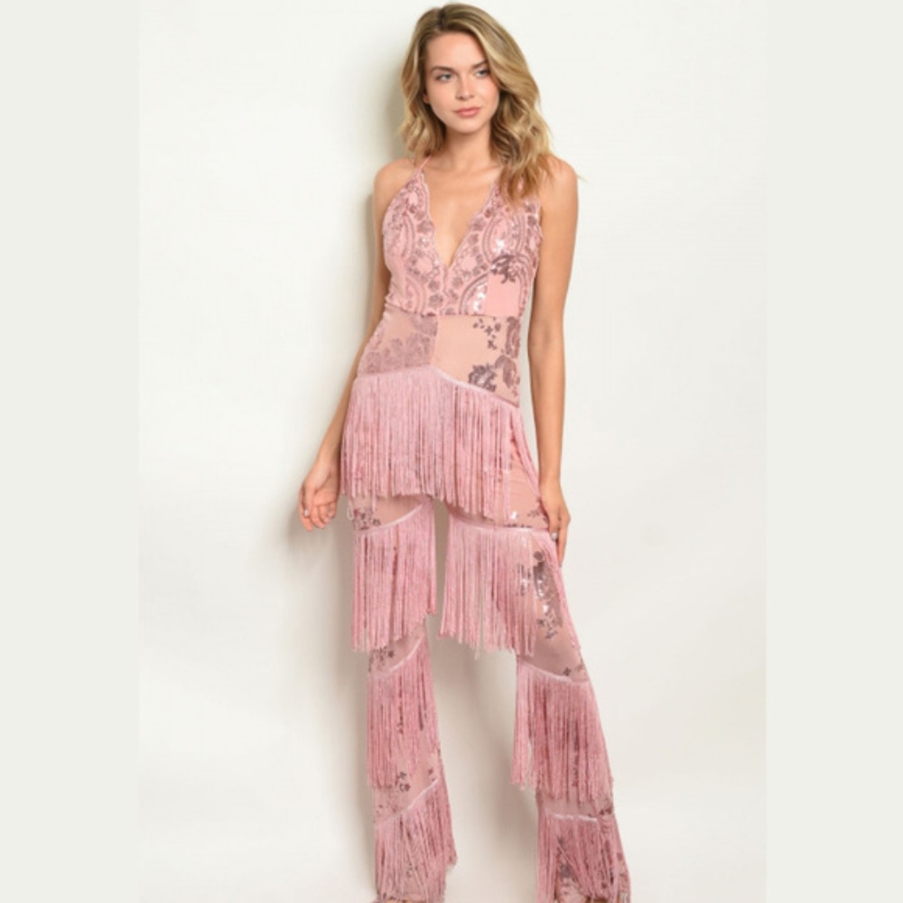 Mauve Glam Sequin Fringe Tassel Jumpsuit Romper - Picture 2 of 3